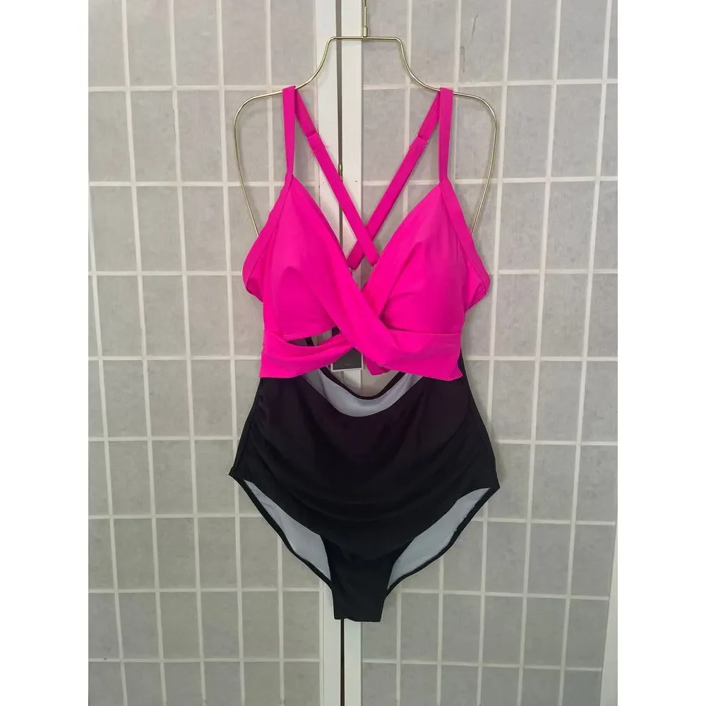 Eomenie NEW One Piece XL Swimsuit Tummy Control Cutout Wrap Tie Back Neon Retro - Picture 2 of 5
